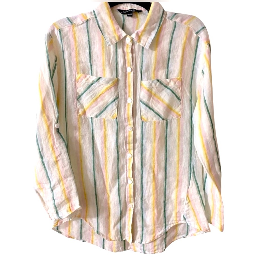Charlie B, Linen Shirt, Button Down, Pastel, Stripes, Long Sleeve, Sz XS, Geo